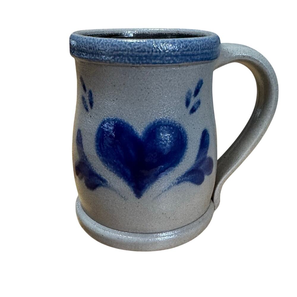 Vintage 2003 Rowe Pottery Works Blue Heart Mug Salt Glazed 16 oz Cottage Core